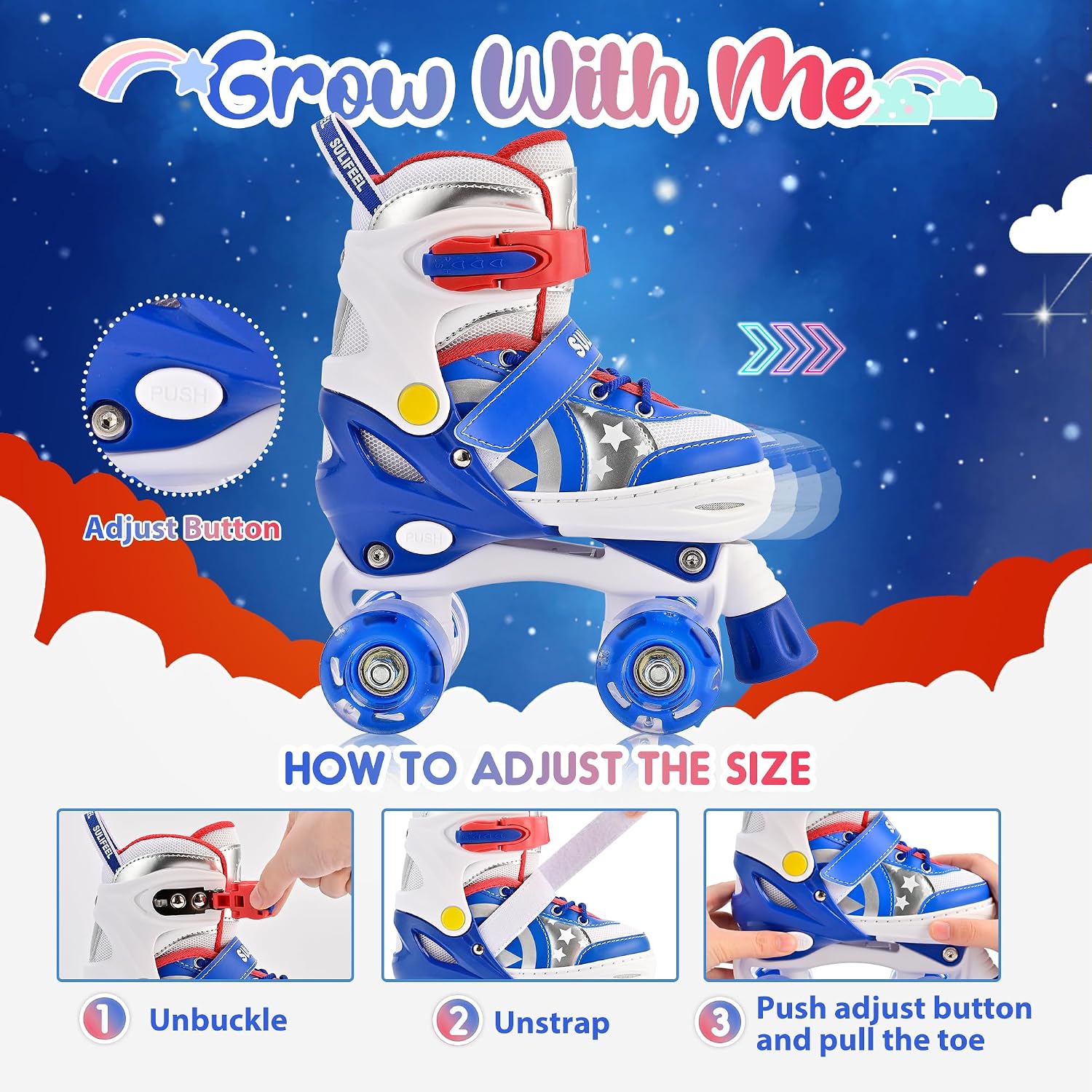 SULIFEEL Rainbow Unicorn - Patines ajustables de 4 tamaños para niñ...