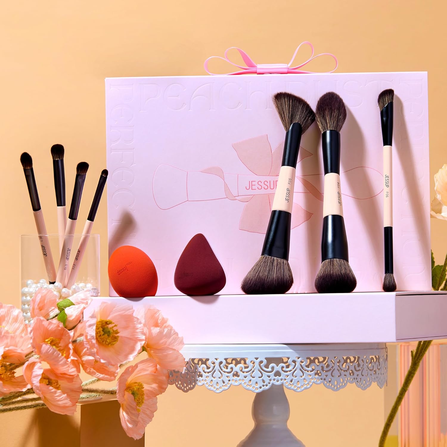 Jessup Juego de brochas de maquillaje con esponja de maquillaje, 7...