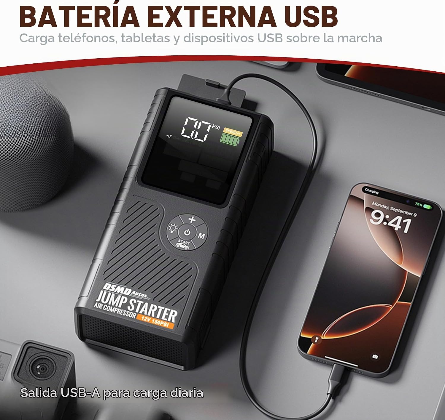 Arrancador de salto con compresor de aire, amplificador de batería...