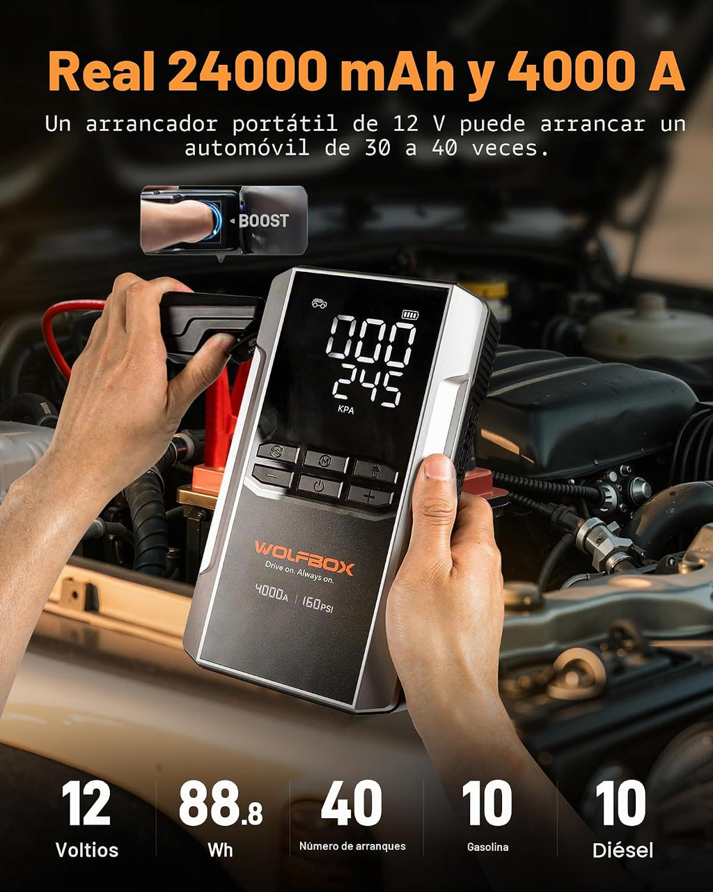 WOLFBOX Arrancador de 4000 A con compresor de aire, batería de coch...