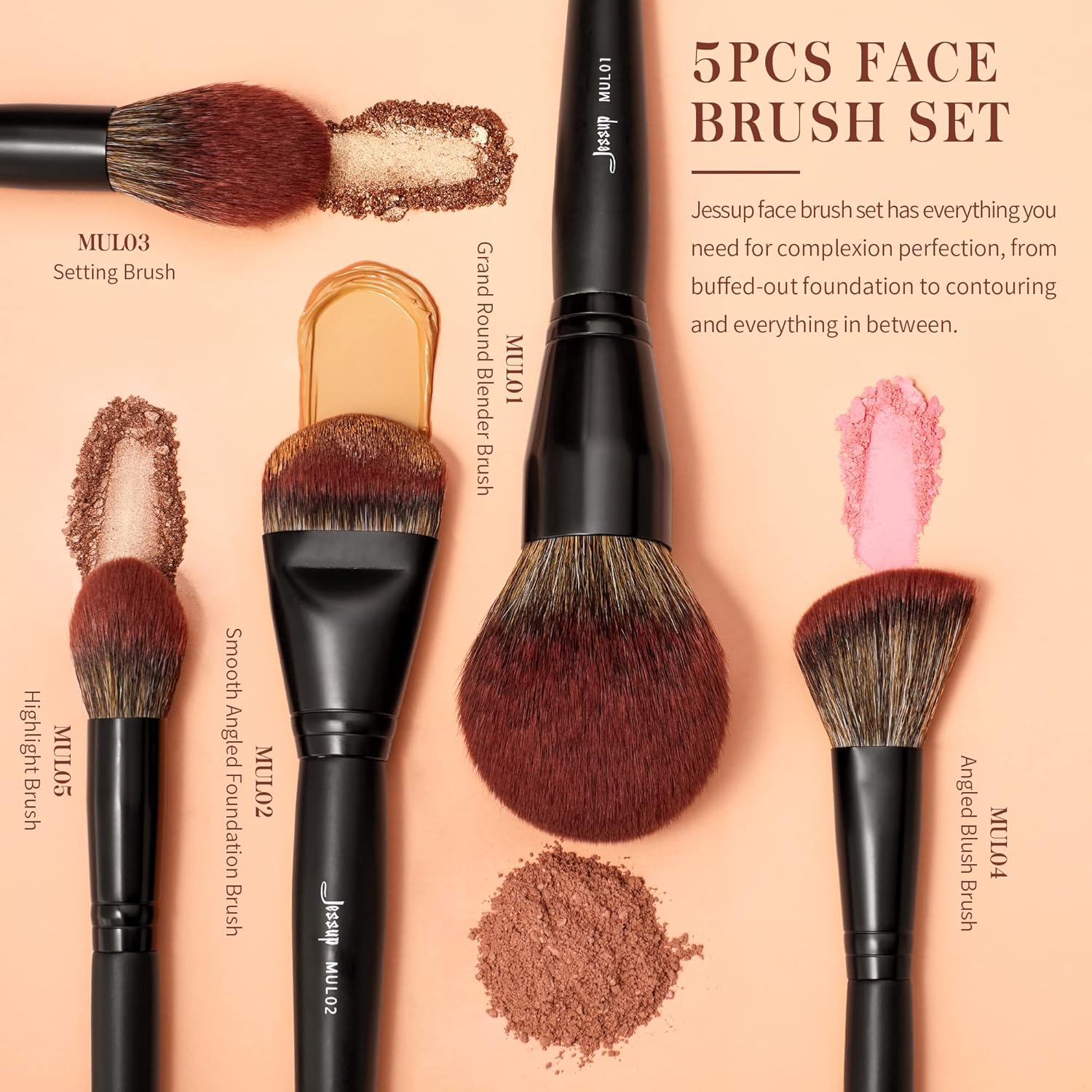 Jessup Pinceles de maquillaje de cara grande, 5 piezas, base sintét...