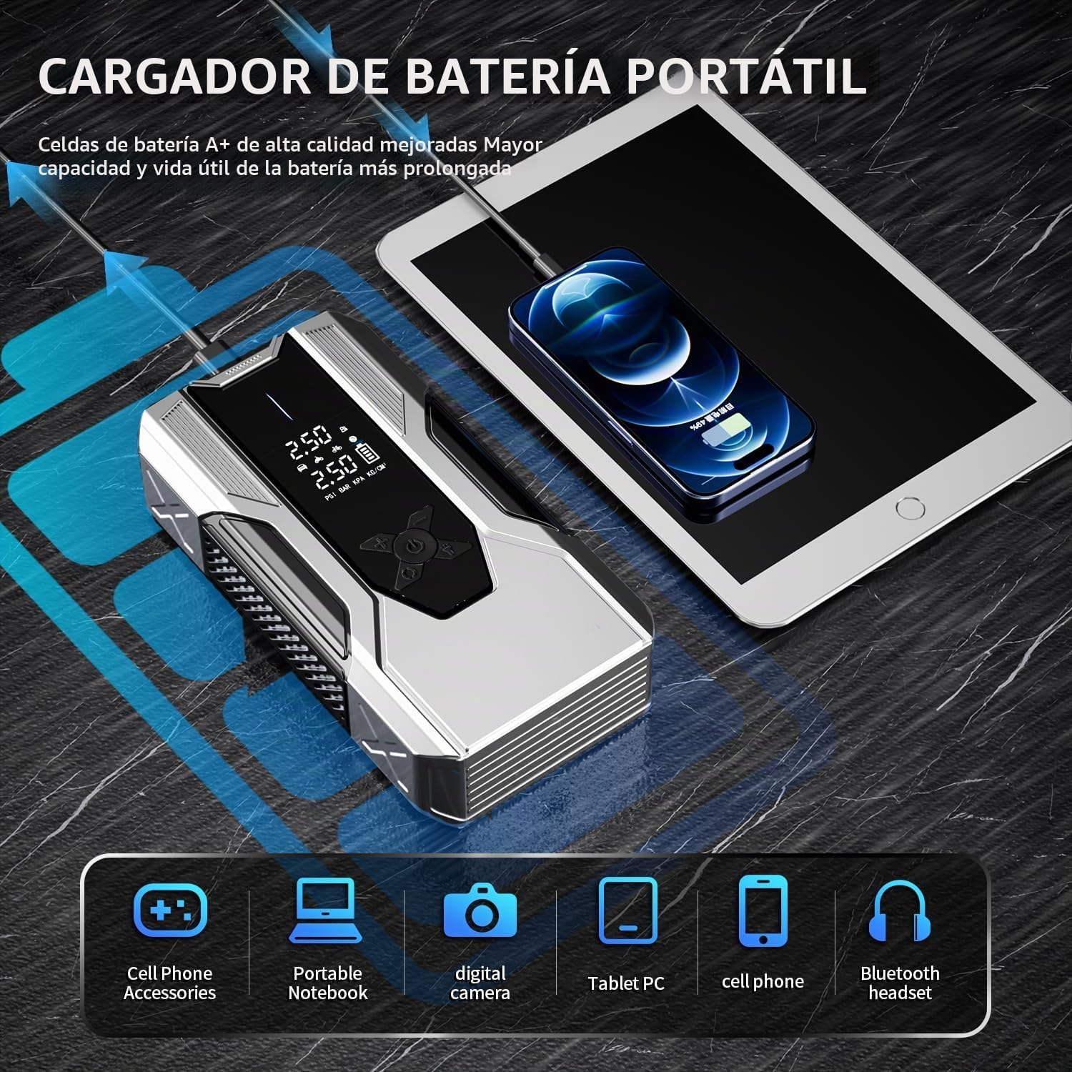 WANBILU Arrancador portátil de emergencia con compresor de aire, 30...