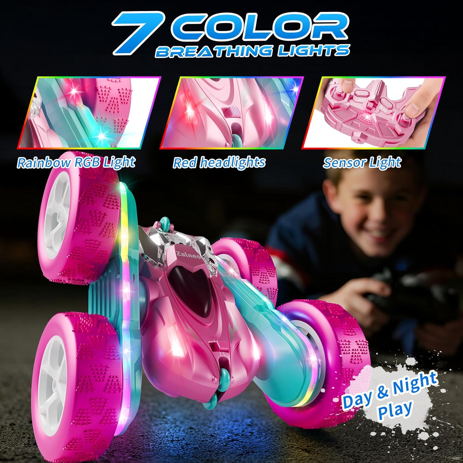 Zalneo Coche RC color rosa 4WD, control remoto, barra de luz LED de...