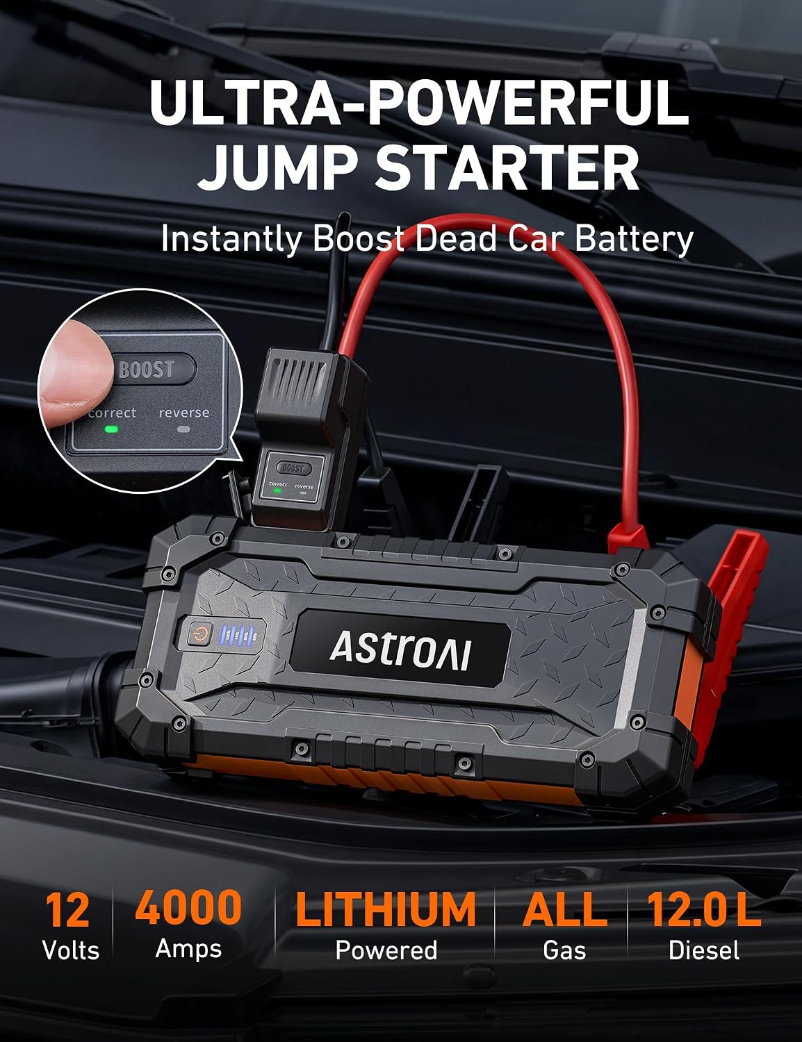 AstroAI S8 Ultra - Arrancador de litio de 12 V 4000 A hasta todo ga...