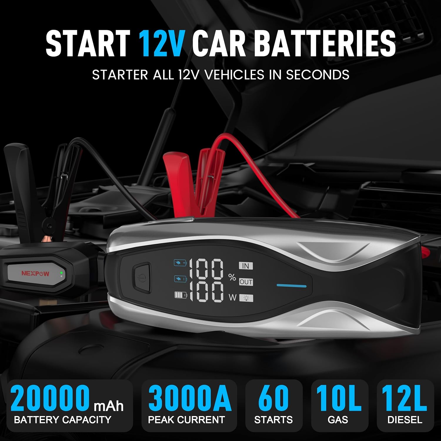 NEXPOW Arrancador de coche, batería de coche, 1500A Peak Q10S y arr...