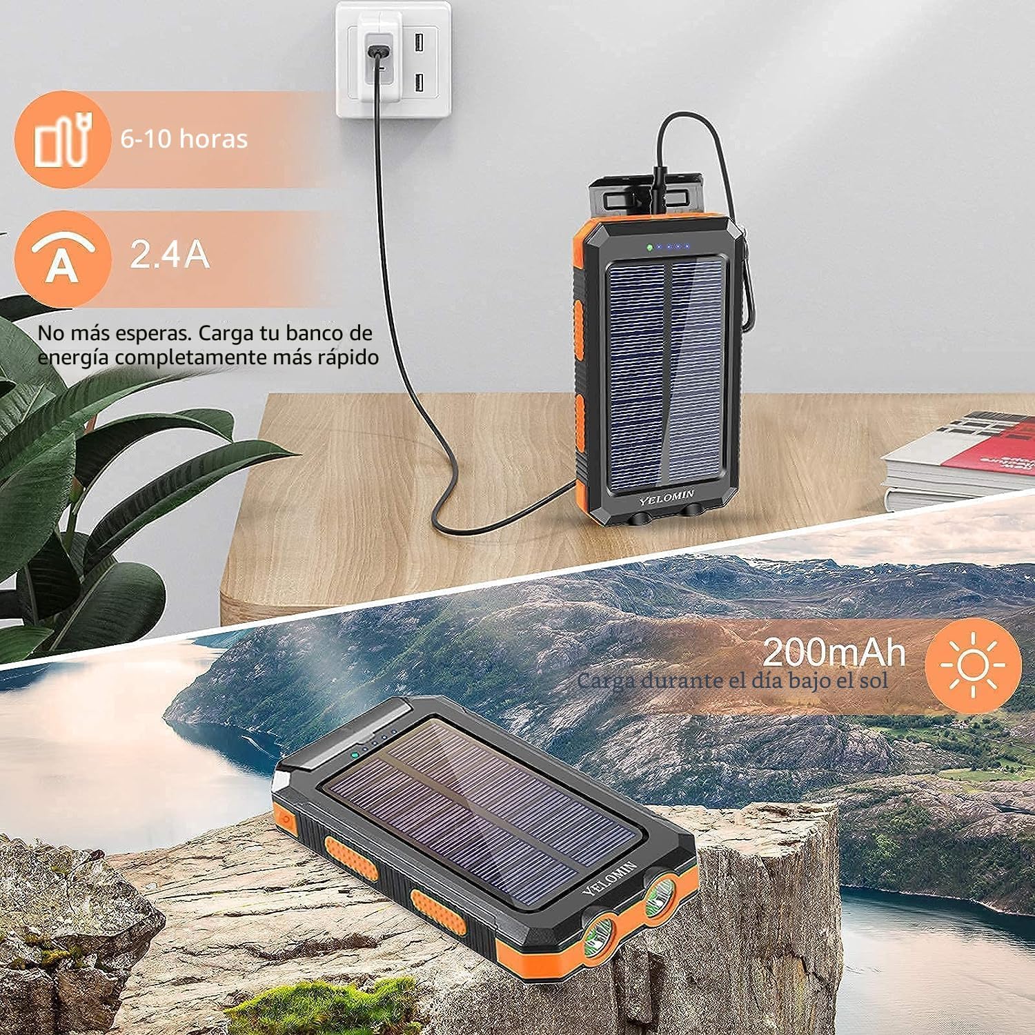 Cargador solar de 20000 mAh, cargador portátil con 4 cables integra...