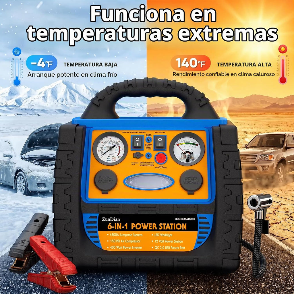 ZunDian Arrancador de Batería 6 en 1 de 1800 Amperios con Compresor...