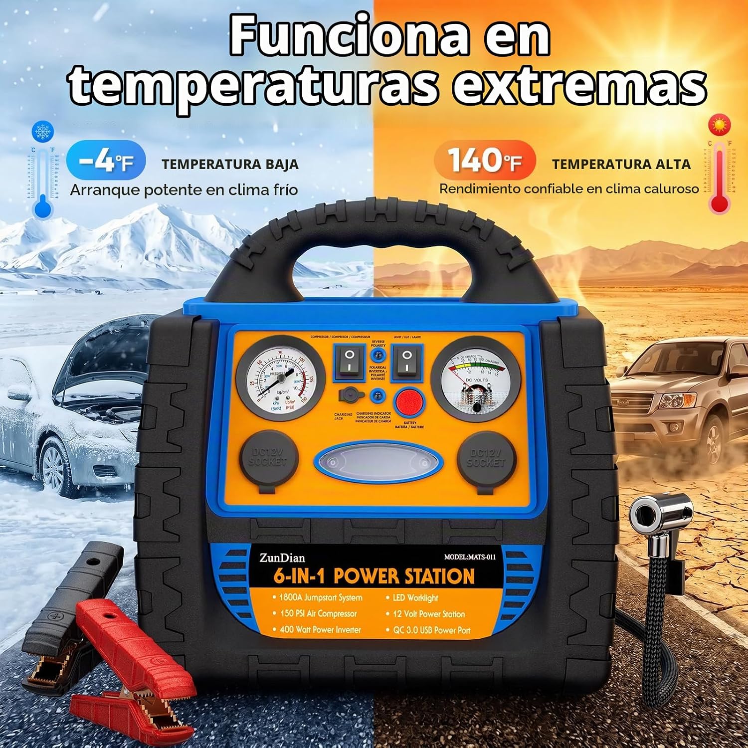 ZunDian Arrancador de Batería 6 en 1 de 1800 Amperios con Compresor...