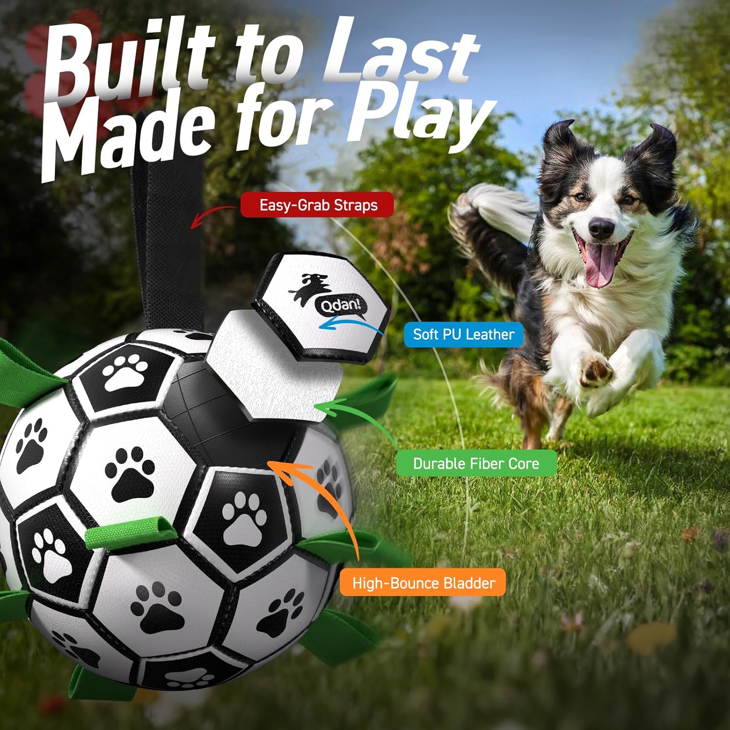 QDAN - Pelota de fútbol con correas para perros, juguetes interacti...