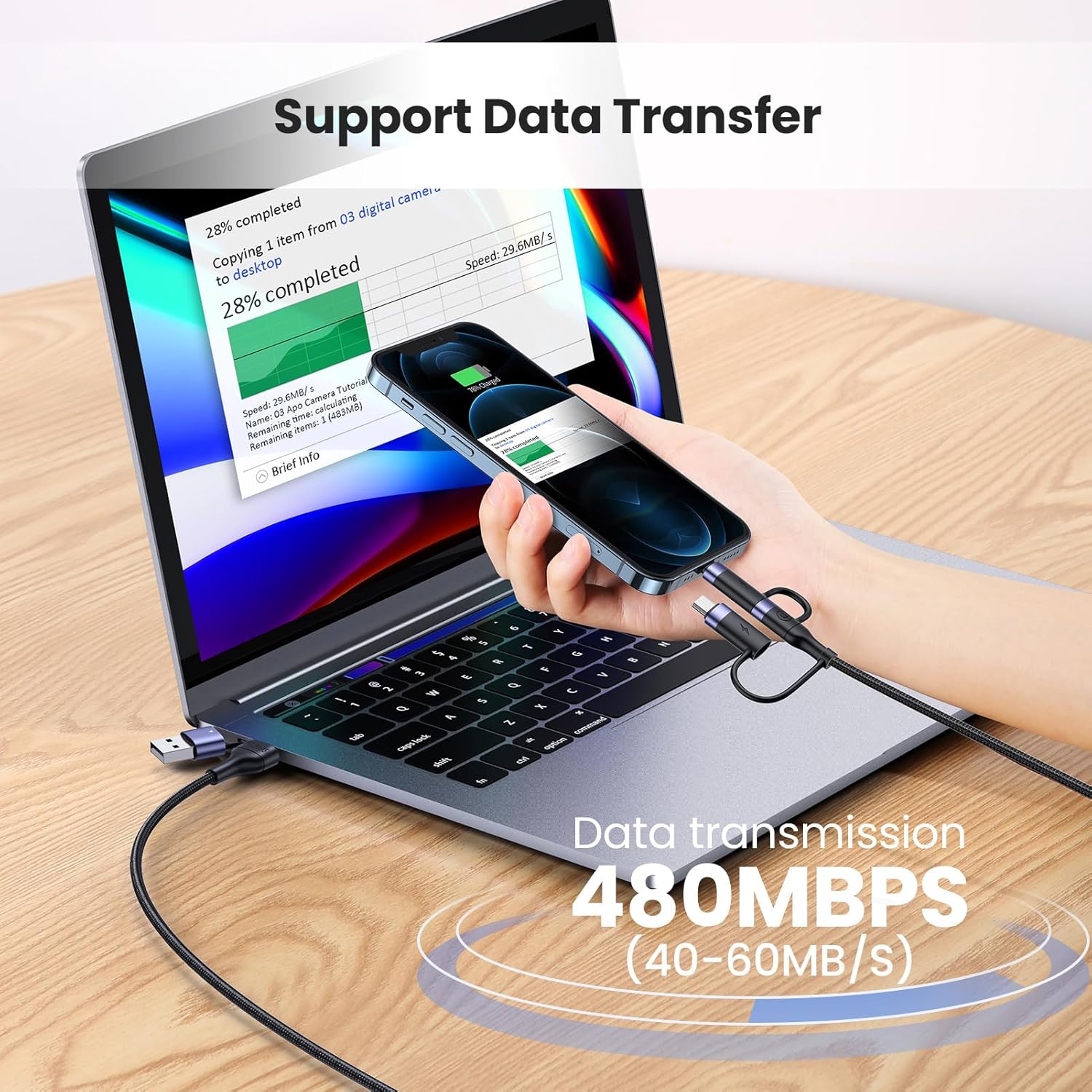 YOUSAMS PD 60W USB C Cable de carga rápida multifuncional trenzado...