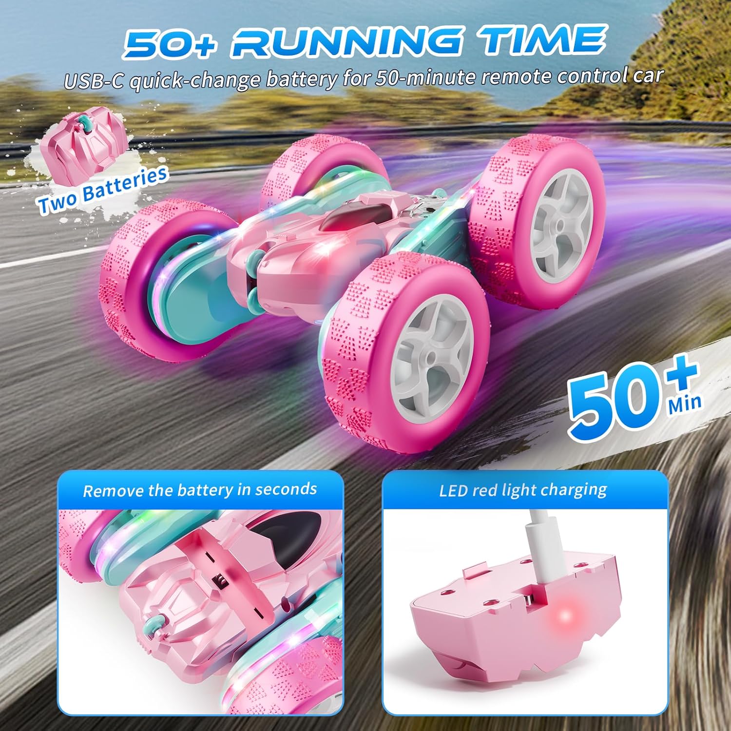 Zalneo Coche RC color rosa 4WD, control remoto, barra de luz LED de...