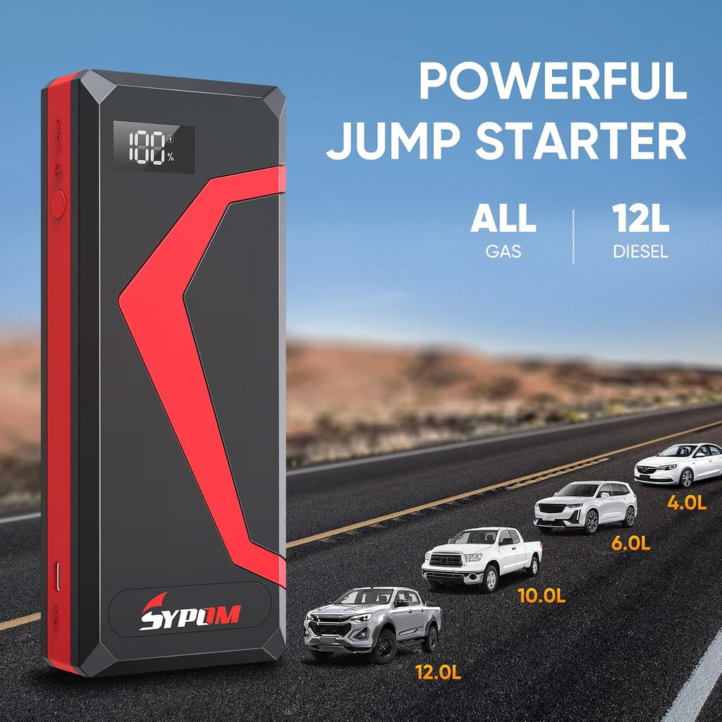 SYPOM Arrancador portátil para coche, 4150 A, máximo, cargador de b...