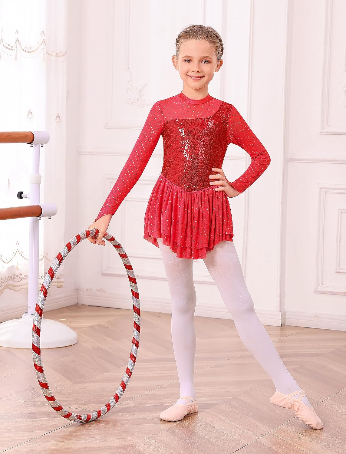 Vestido de patinaje artístico para niña, con lentejuelas brillantes...