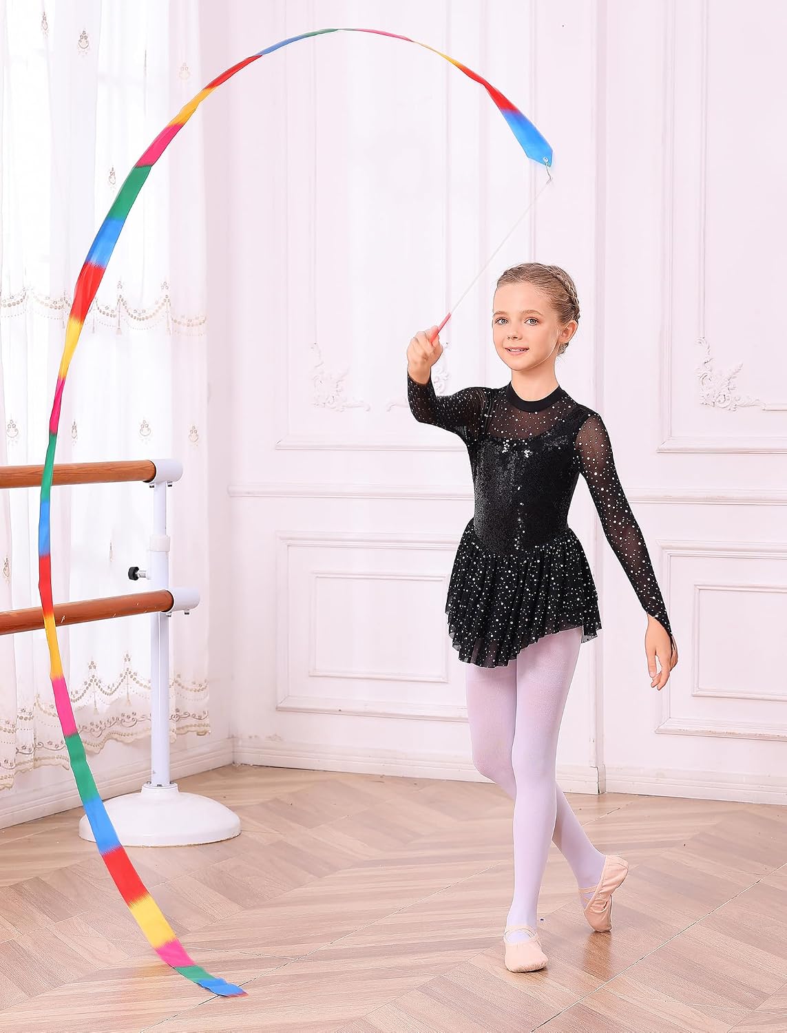 ODASDO Vestido de Patinaje Artístico para Niñas, Malla de Manga Lar...
