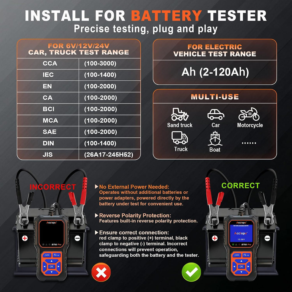 Acclope BT60 PRO - Probador de batería de coche 6V\/12V\/24V, 2-120...
