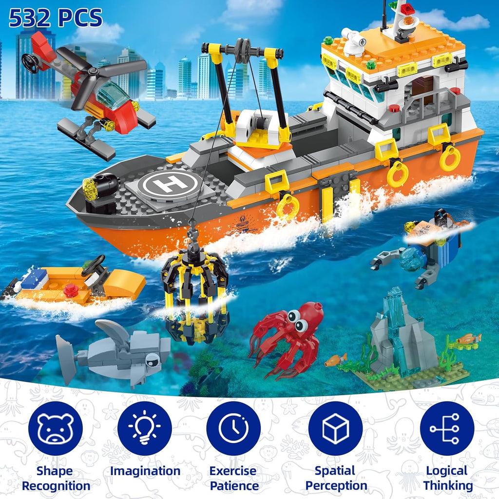 Conjunto de construcción de barco explorador oceánico de la ciudad,...