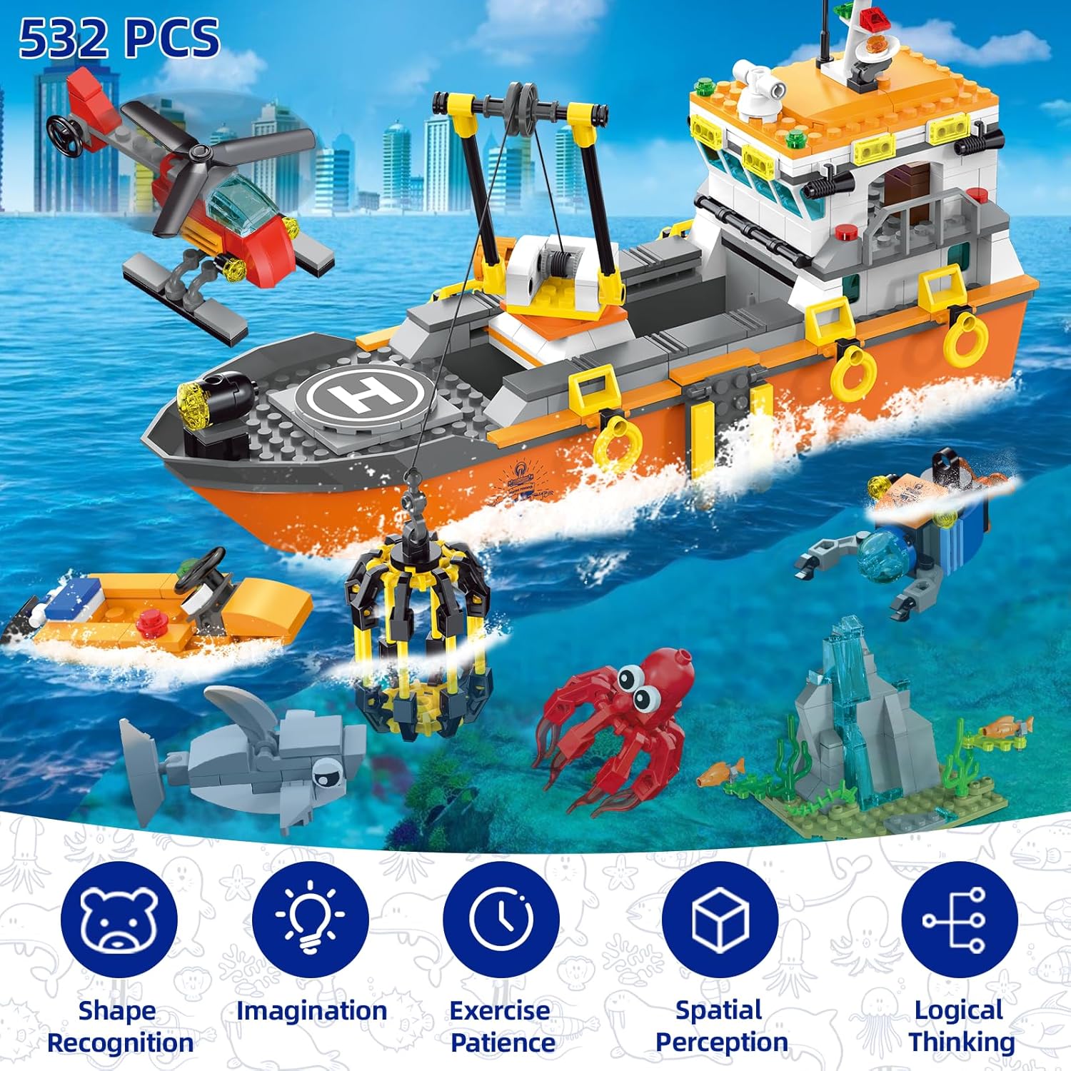 Conjunto de construcción de barco explorador oceánico de la ciudad,...
