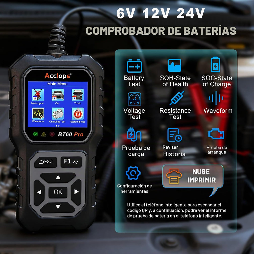 Acclope BT60 Pro Probador de Batería de Coche, Analizador Digital c...