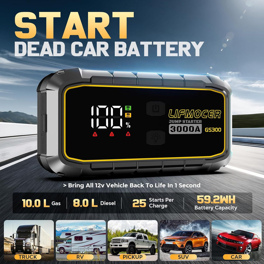 GS300 Arrancador de coche, batería portátil de 3000 A para motores...