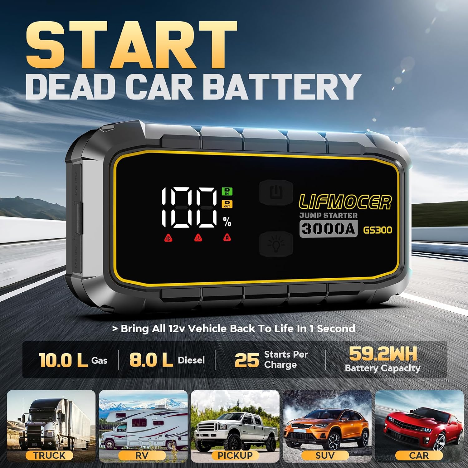 GS300 Arrancador de coche, batería portátil de 3000 A para motores...