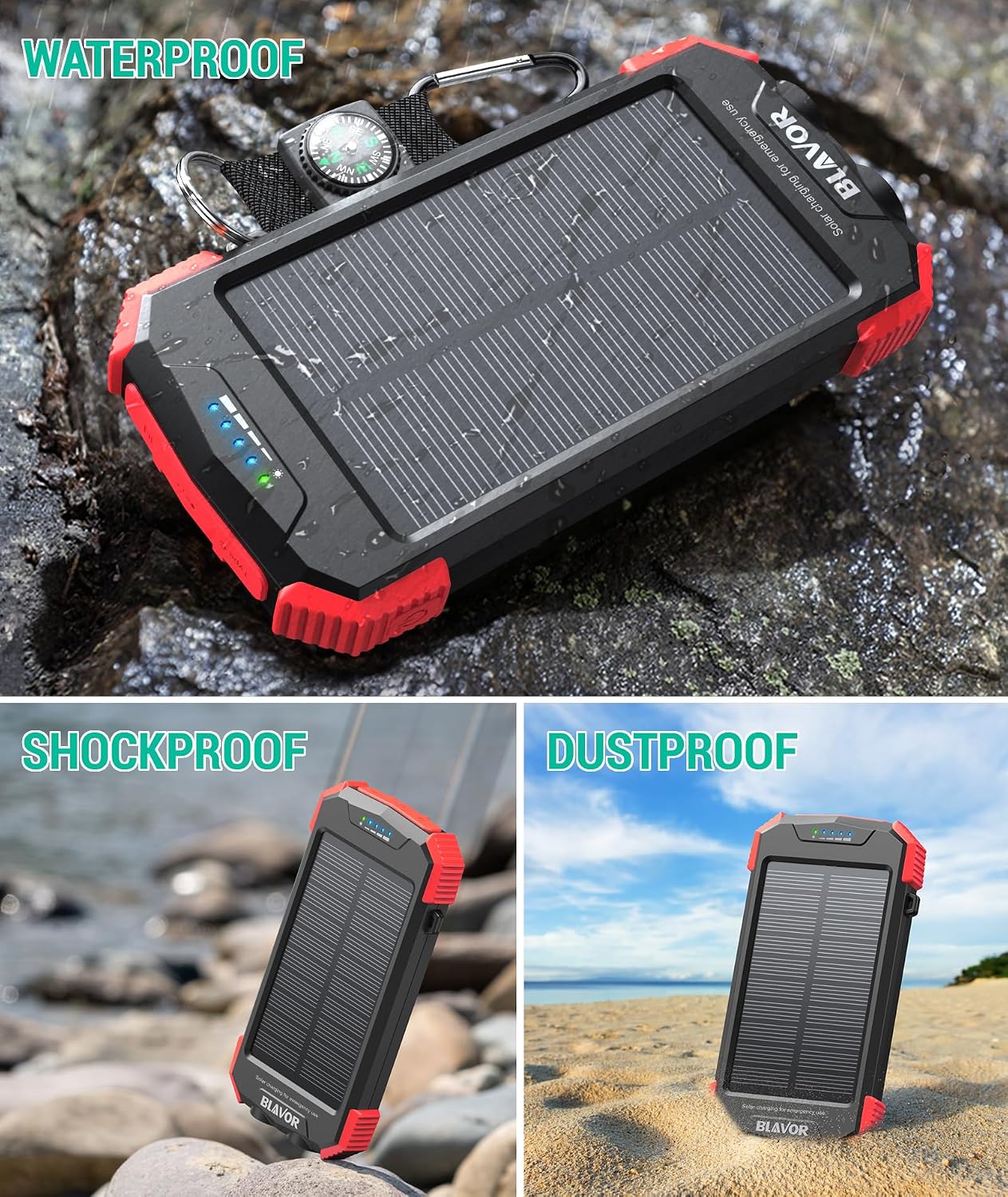 Blavor - Paquete de batería externa solar, cargador inalámbrico Qi...
