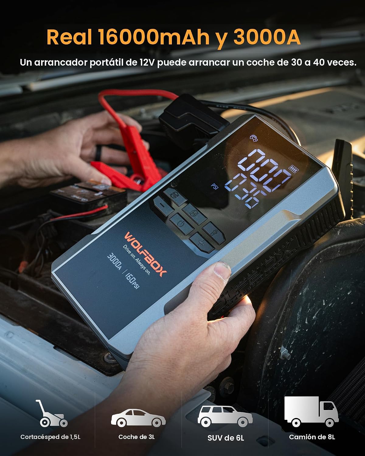 WOLFBOX MV16A 3000A Arrancador de salto con compresor de aire, bate...