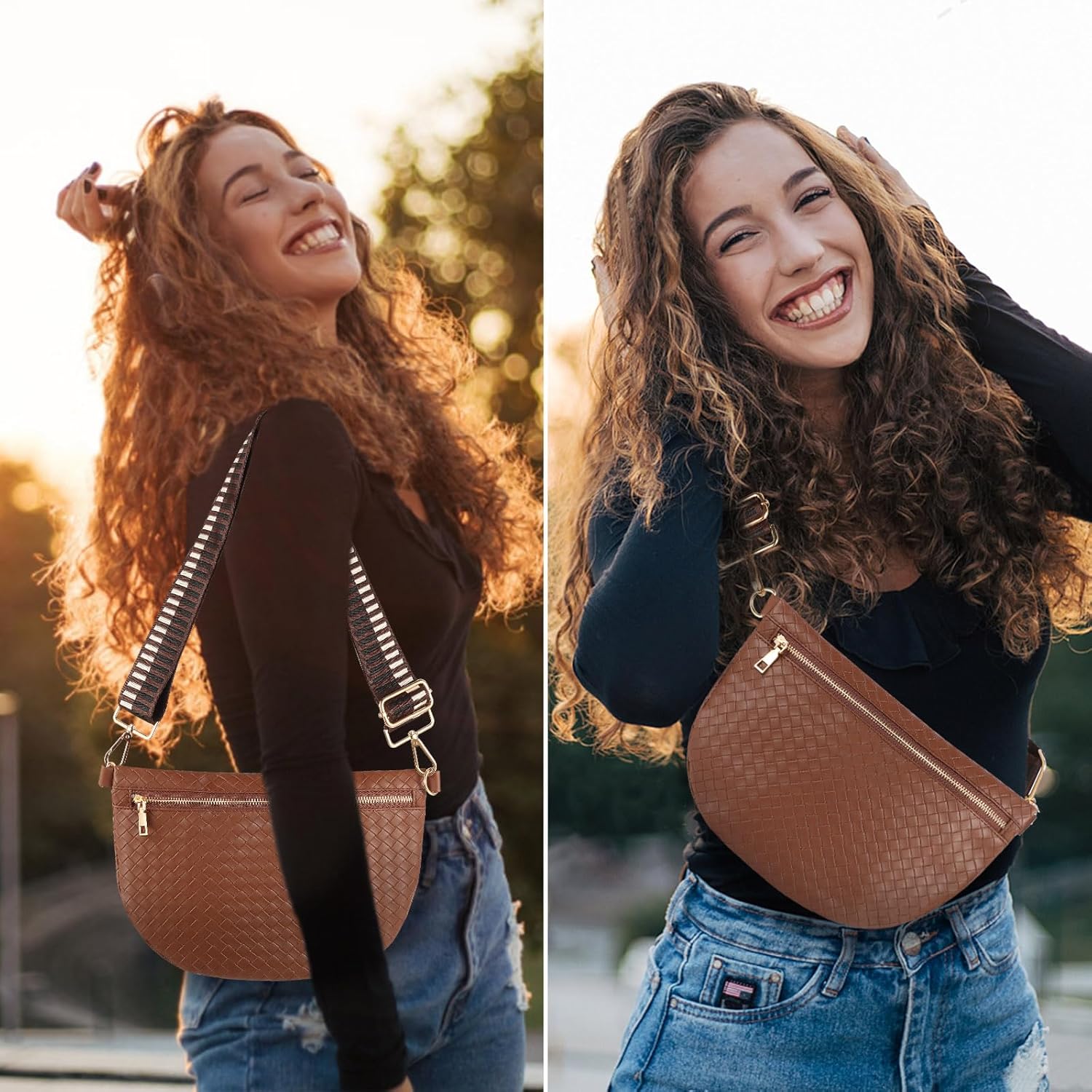 Bolsos cruzados tejidos para mujer, cinturón de cuero, riñonera, ca...