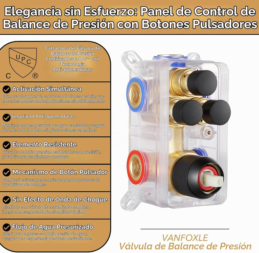 VANFOXLE - Juego de grifo de ducha negro mate, desviador de botón |...
