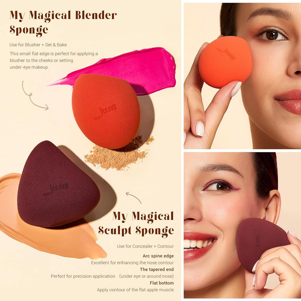 Jessup brochas para el rostro con esponja de maquillaje, juego de 3...