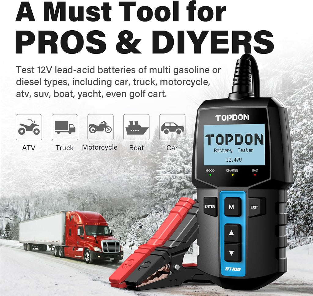 TOPDON BT100 Probador de Batería de Automóvil 12V Probador de Carga...