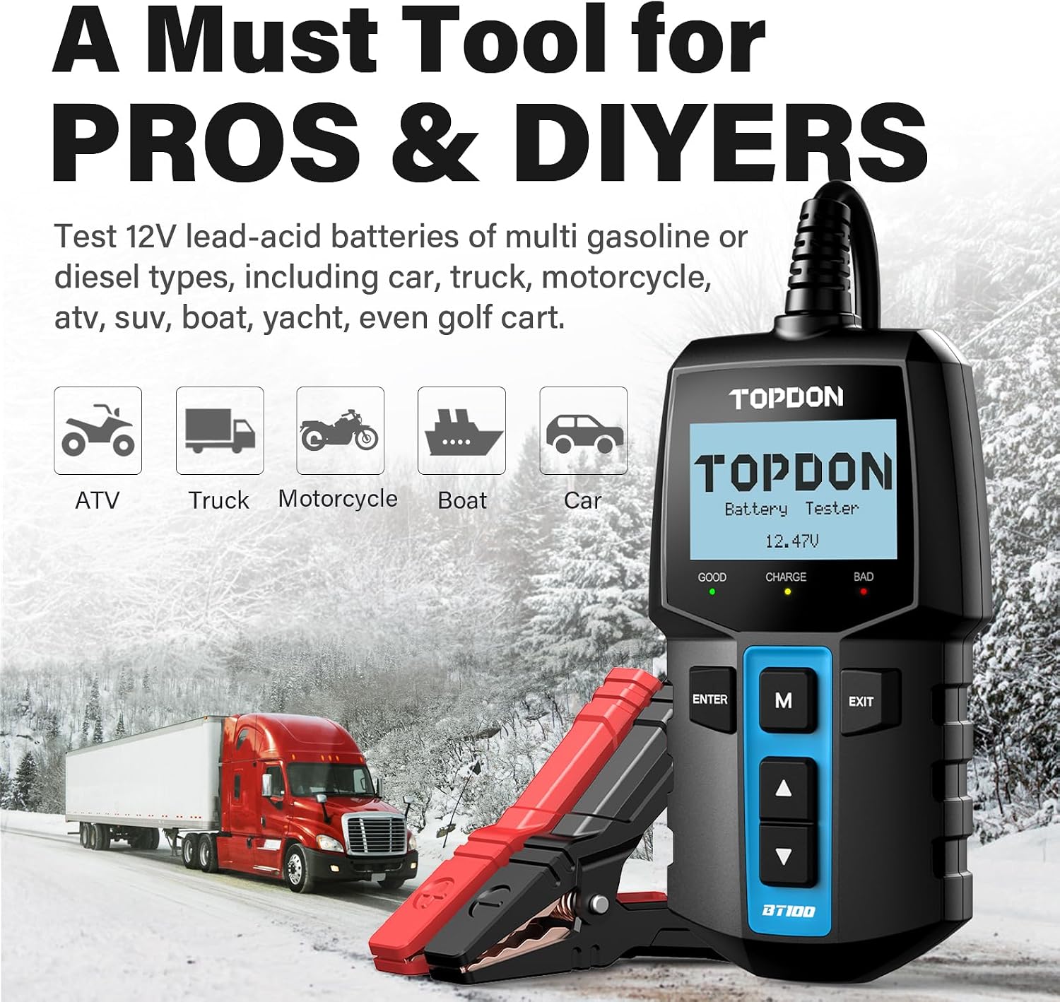 TOPDON BT100 Probador de Batería de Automóvil 12V Probador de Carga...