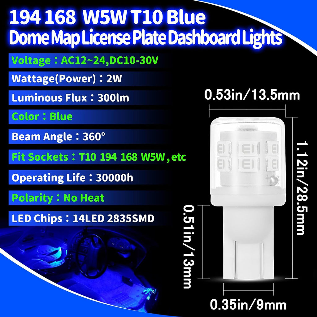 Ziomitus T10 194 912 921 906 2825 Foco LED azul 168 T10, focos de r...