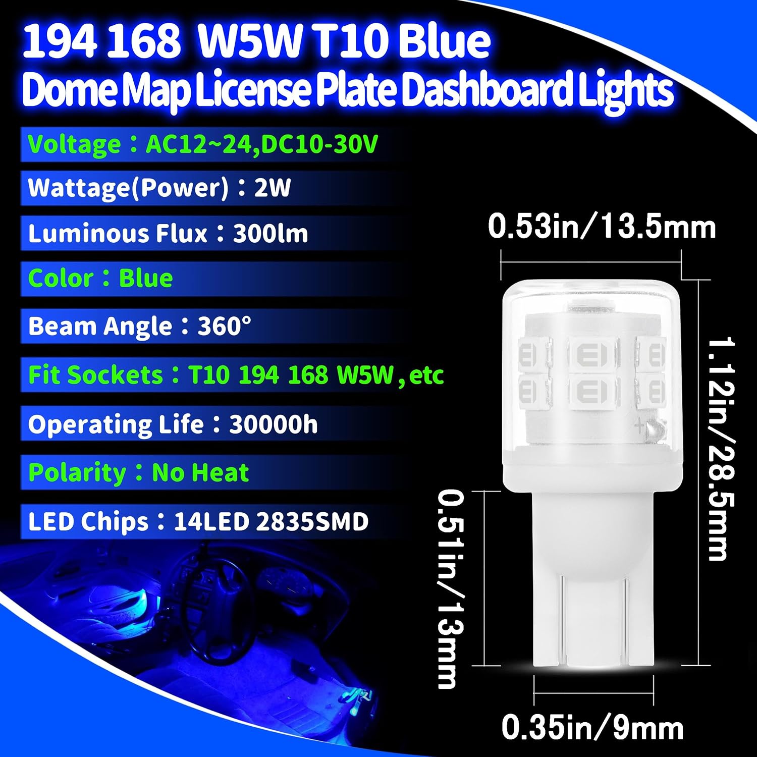 Ziomitus T10 194 912 921 906 2825 Foco LED azul 168 T10, focos de r...