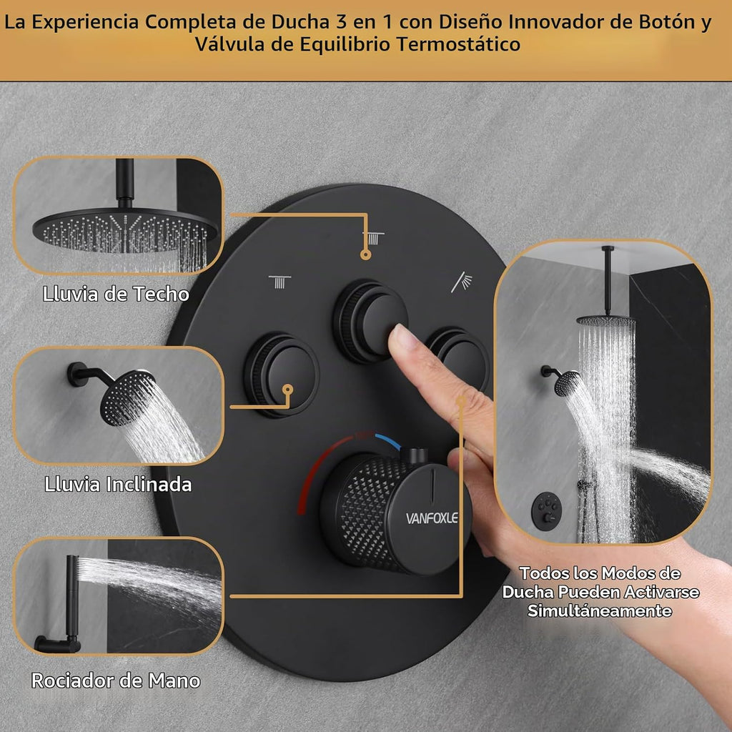 VANFOXLE Juego de grifo de ducha termostático, sistema de ducha neg...