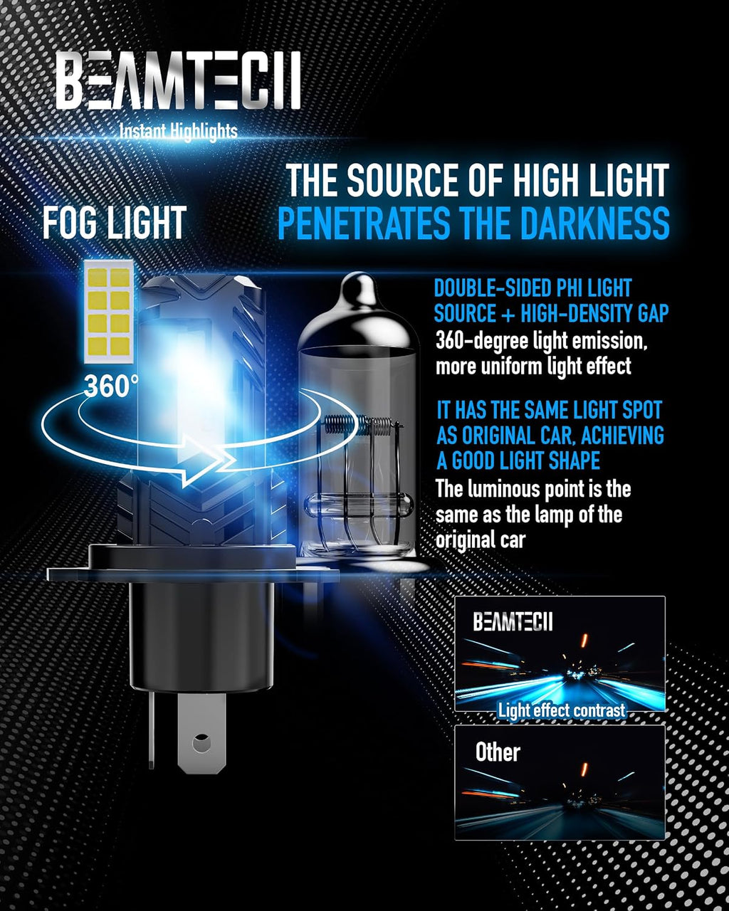 BEAMTECH - Bombilla H4, sin ventilador en línea 9003, luz antiniebl...