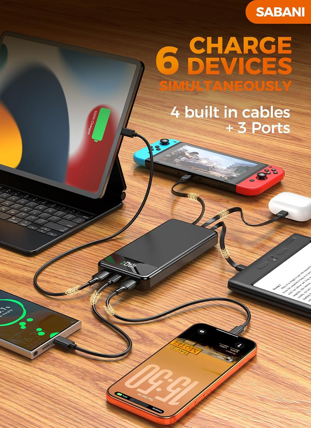 Cargador portátil de 35000 mAh - Powerbank con 4 cables integrados,...
