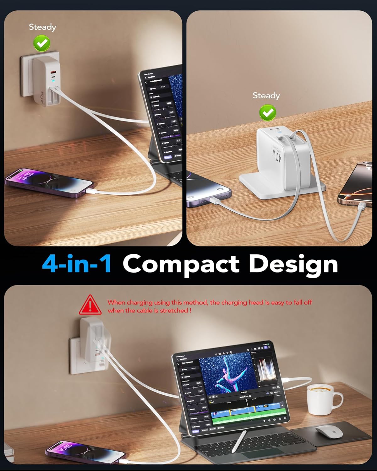 Cargador USB C retráctil de pared con cables tipo C de 35.5 pulgada...