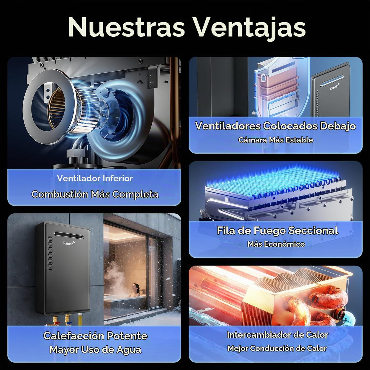 Ranein Calentador de agua sin tanque de gas propano, 5.3 GPM, 130,0...