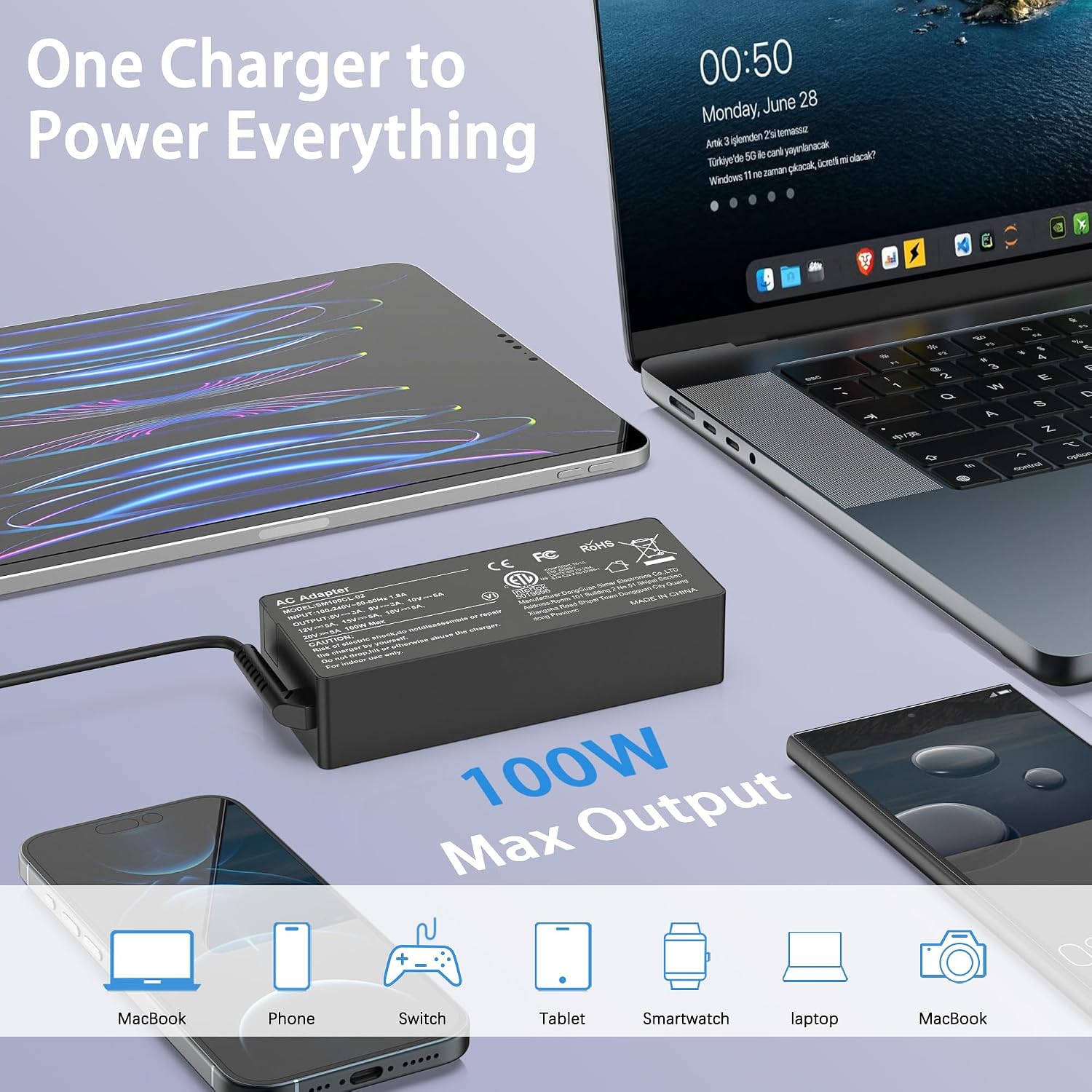 WENYAA Cargador USB C de 100 W, adaptador de corriente universal co...