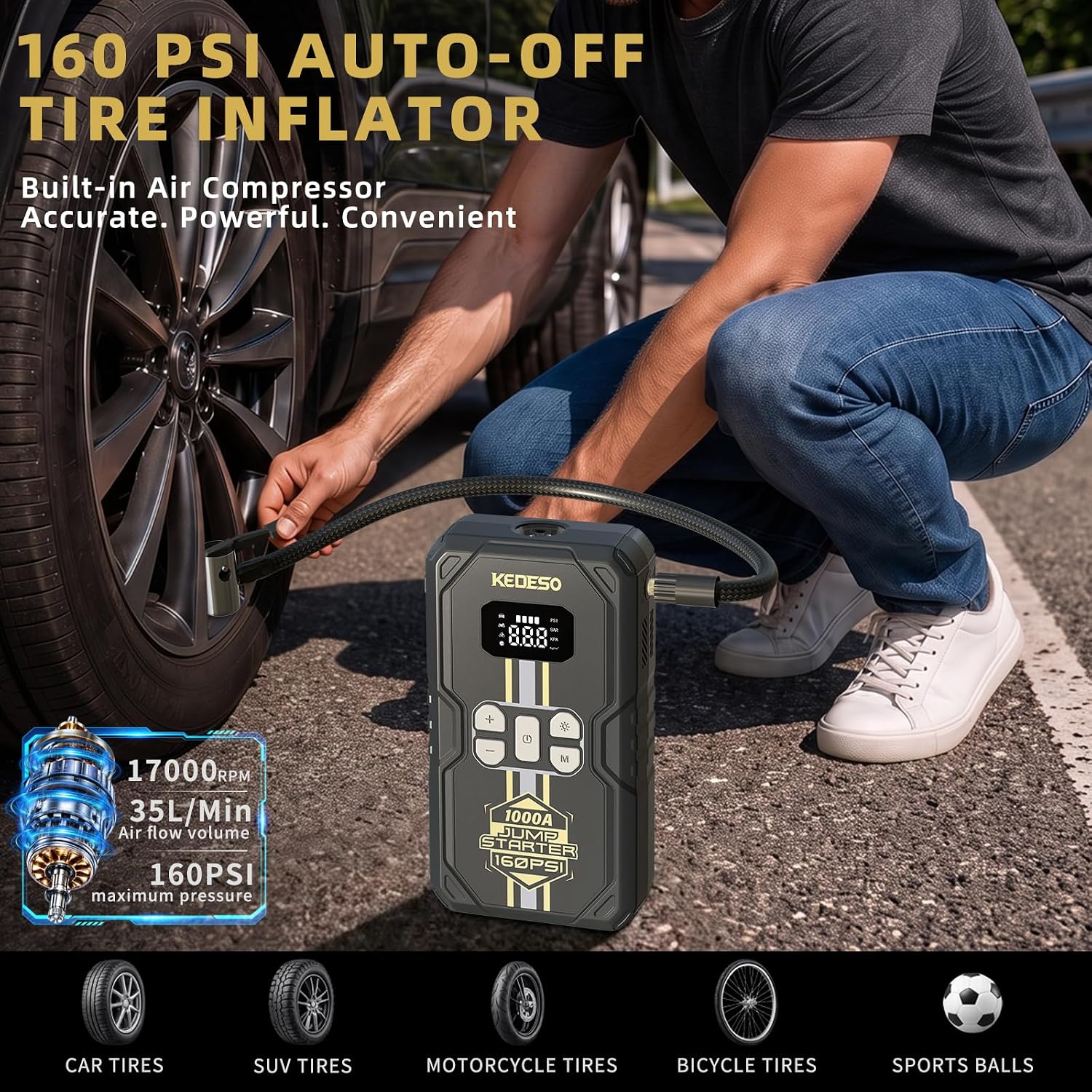 Arrancador de batería para automóvil con compresor de aire 160PSI,...