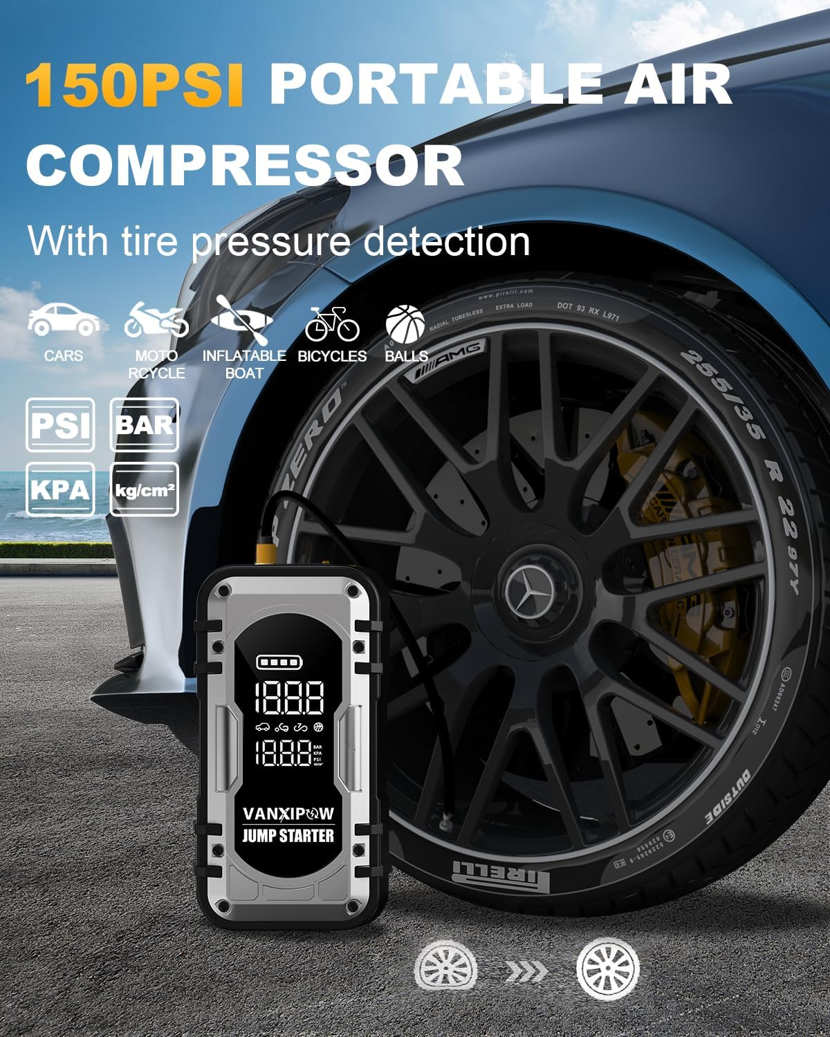 VANXIPOW Batería de coche portátil de 8000 A con compresor de aire,...