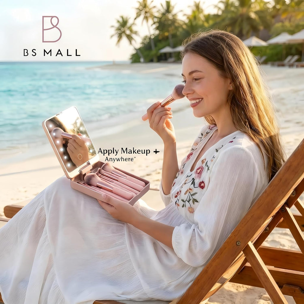 BS-MALL - Set de brochas de maquillaje con espejo LED, 14 piezas, b...