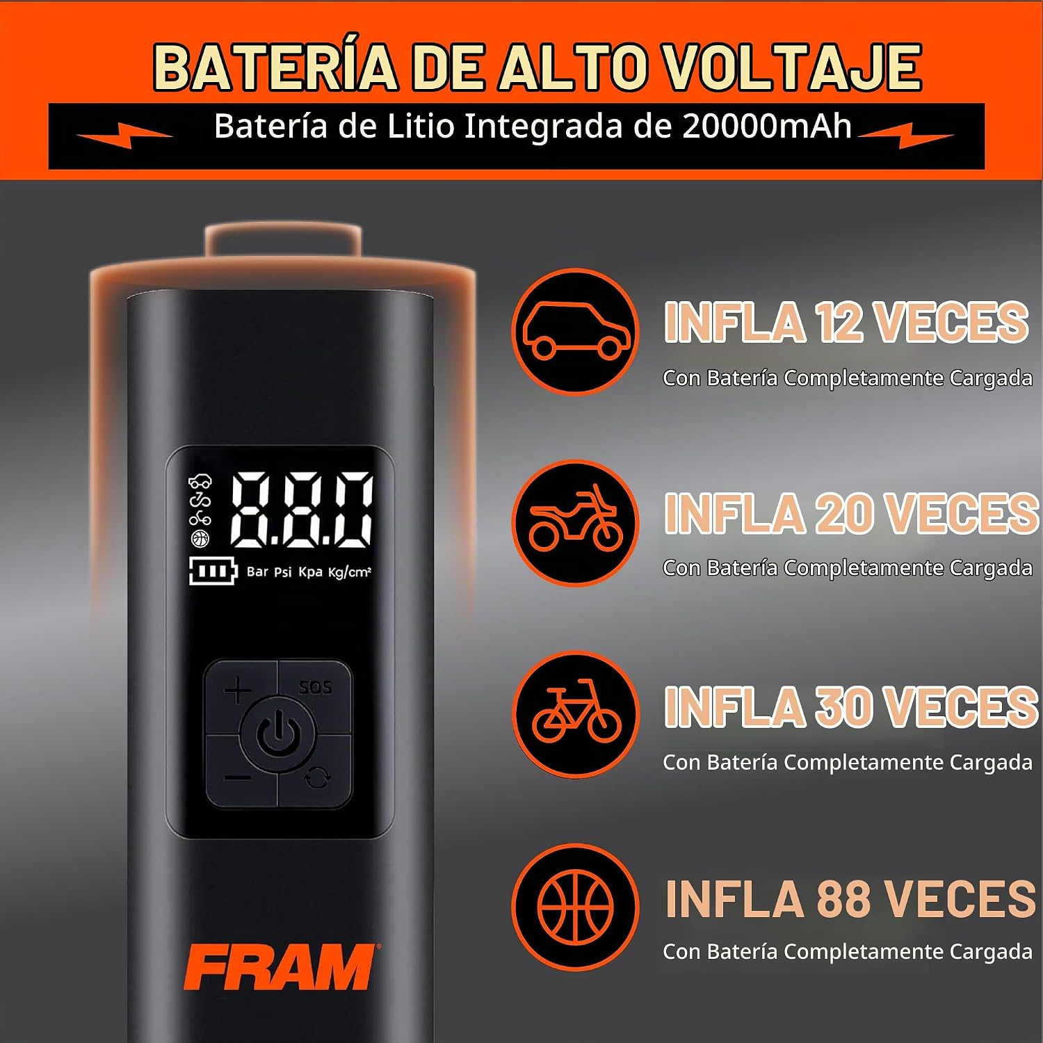 FRAM FEK40002 Inflador de neumáticos de emergencia portátil con bat...