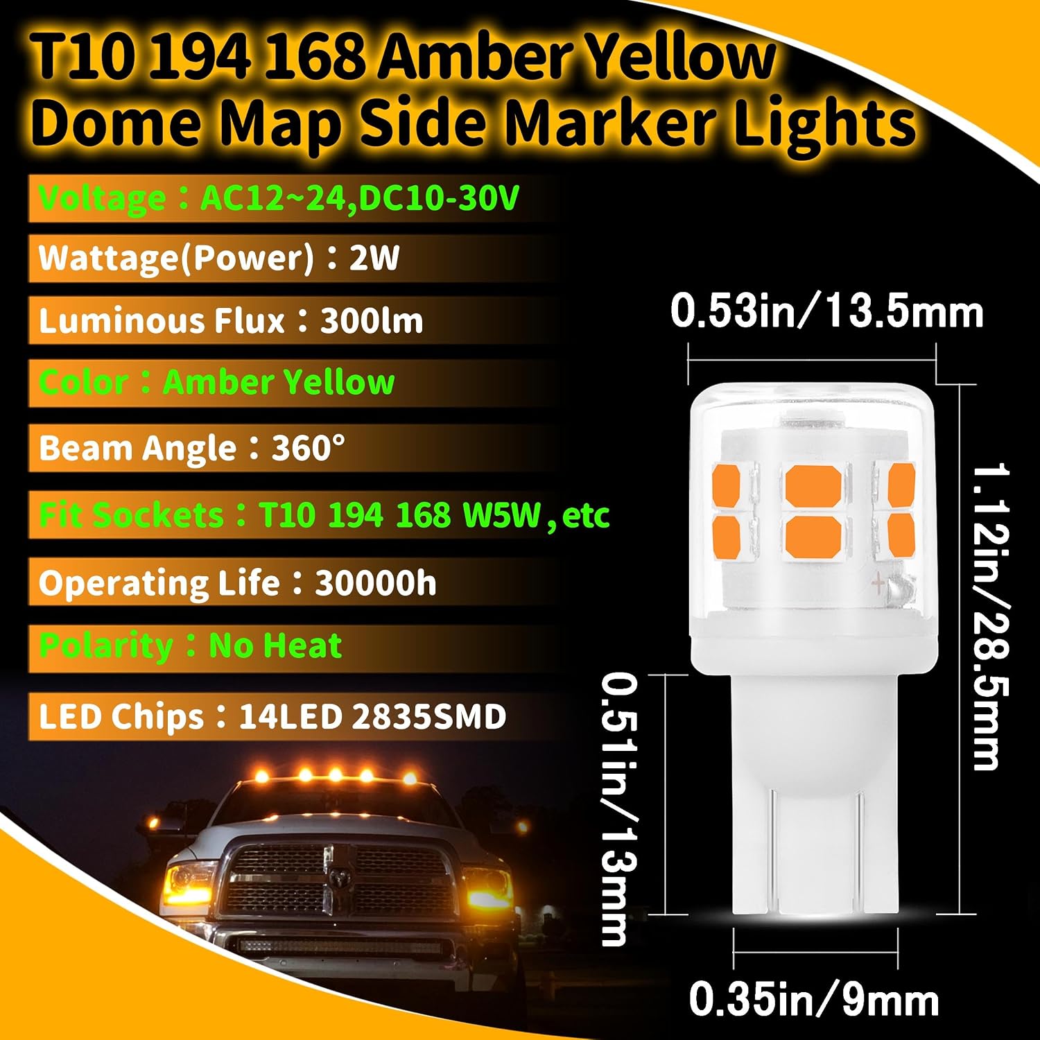 Ziomitus T10 194 921 912 Bombilla LED Ámbar Amarilla, Luces de Marc...