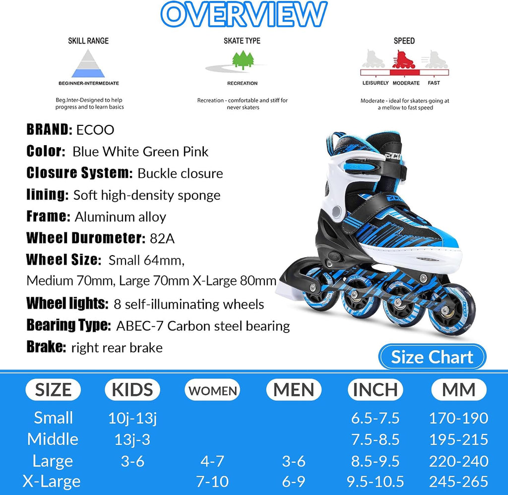 ECOO Patines en línea ajustables para niños y niñas de 5-8 y 8-12 a...
