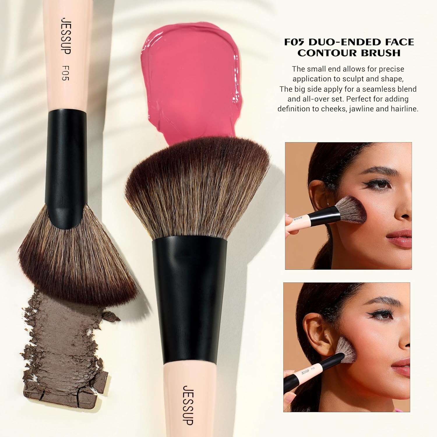 Jessup Juego de brochas de maquillaje facial de 3 piezas con doble...