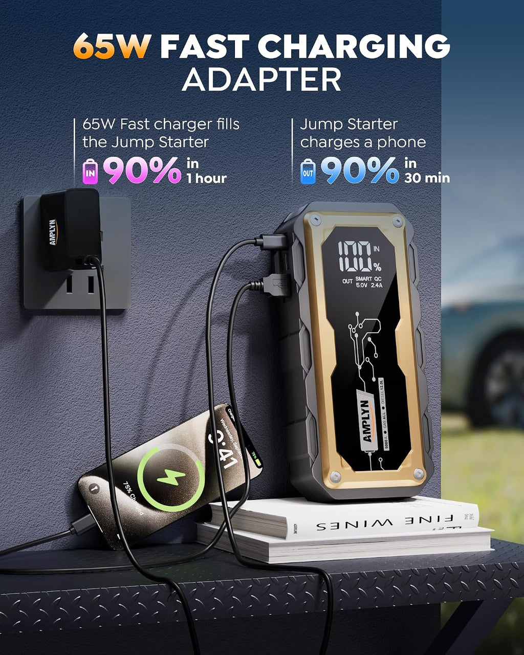 Arrancador de coche con cargador rápido de 65 W, batería de 24000 m...
