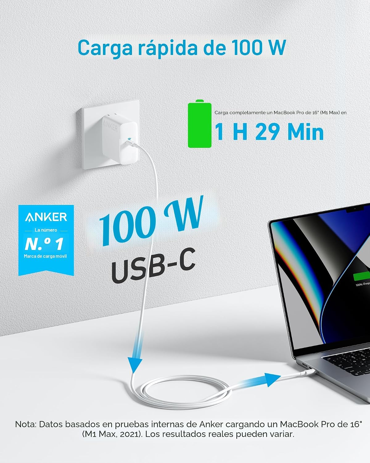 Cargador Anker para MacBook Pro, compacto y plegable de 100W, USB C...