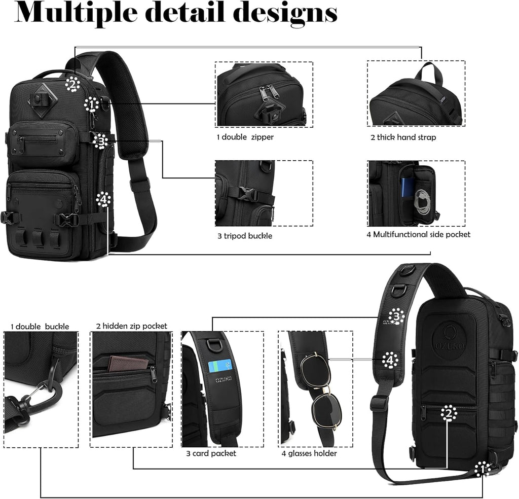 OZUKO Bolsas tácticas para hombres, mochila cruzada impermeable, bo...