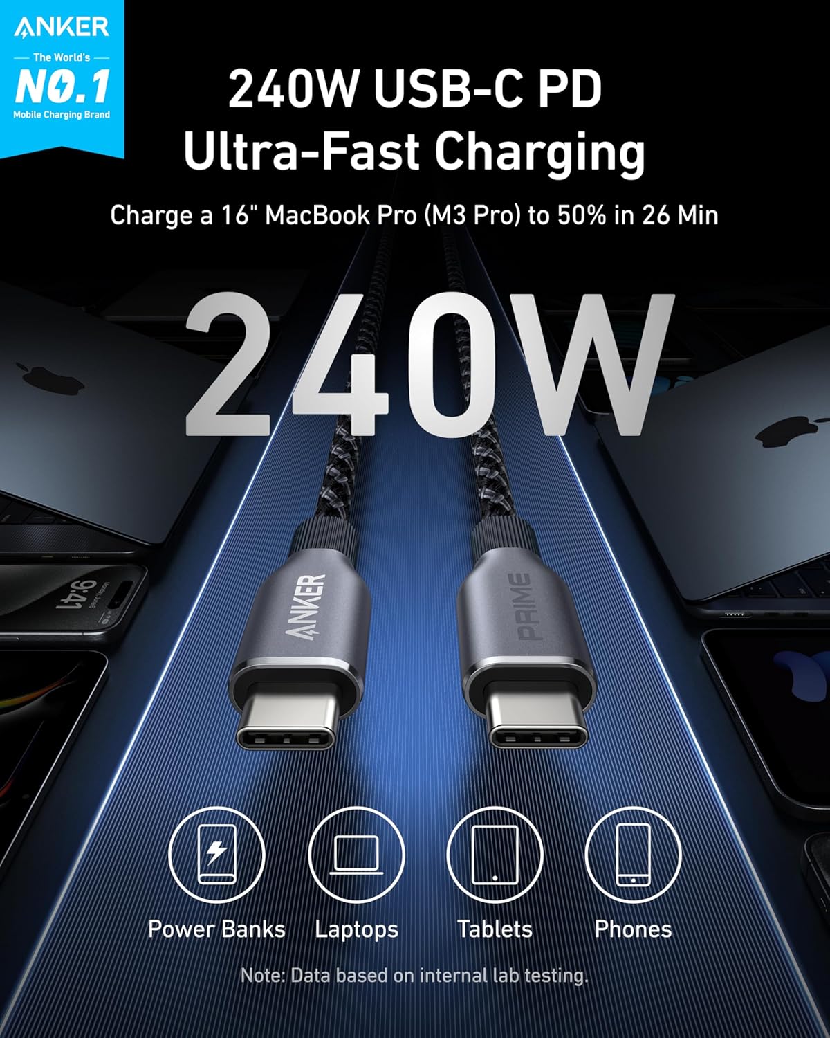 Anker Prime - Cable USB C a USB C, cable de carga rápida de 240 W,...